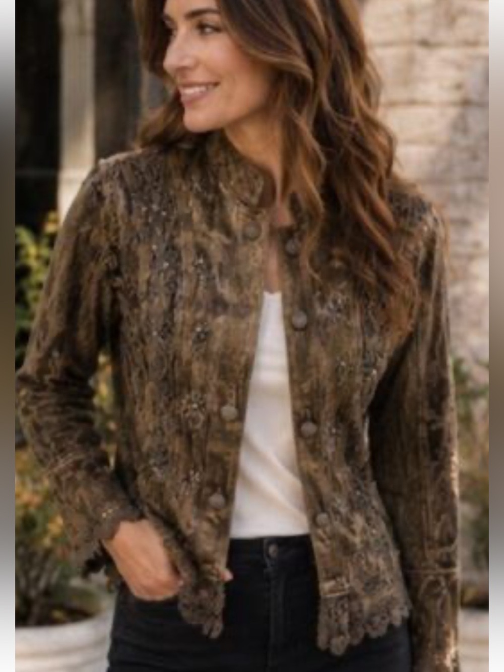 VTG Flashback Beaded Earthy Fairycore Tapestry Jacket Crochet Hem Brown Medium - Picture 2 of 9